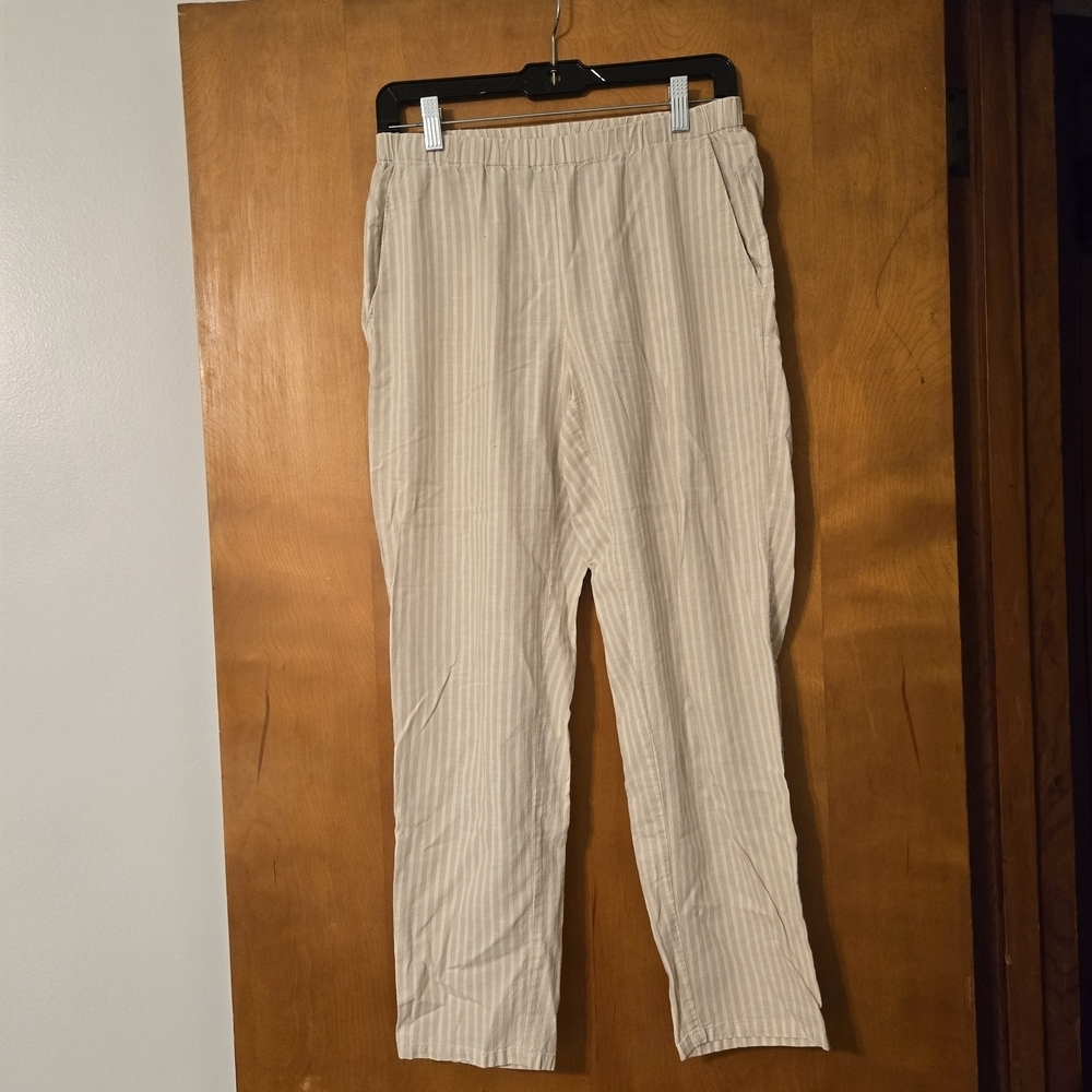 Eileen Fisher Tan & White Striped Pants Hemp Organic Cotton Pull On Size XS